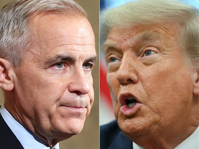 Markas Carney ir Donaldas Trumpas / DAVE CHAN ANDREW CABALLERO-REYNOLDS / AFP