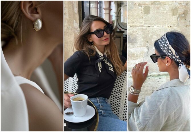 „Pinterest“ nuotr. / 15min koliažas/„Old Money“ aksesuarai: tikri perlai, šilkinės skarelės, originalūs mechaniniai laikrodžiai ir minimalistinės apyrankės