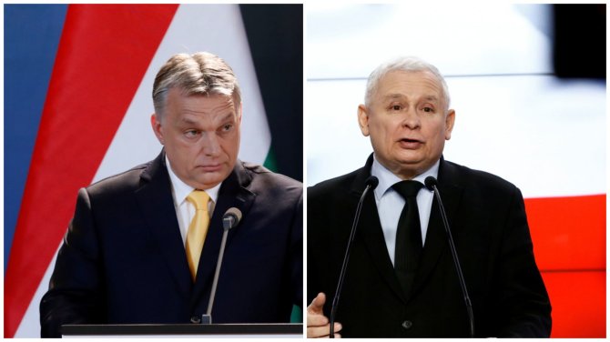 „Reuters“/„Scanpix“ nuotr./Vengrijos premjeras Viktoras Orbanas ir Lenkijos valdančiųjų lyderis Jaroslawas Kaczynskis