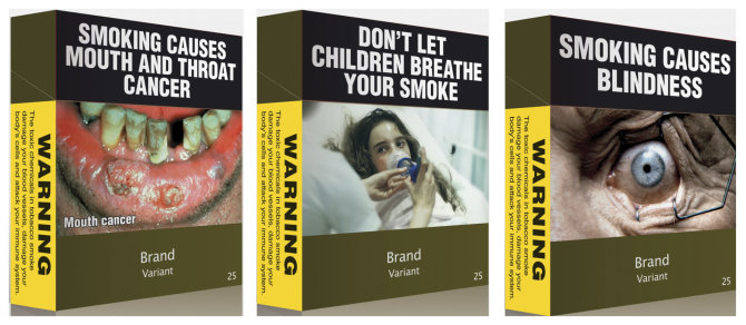 „Reuters“/„Scanpix“ nuotr./Iliustracijos ant Australijoje parduodamų cigarečių pakelių