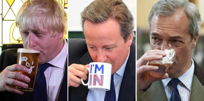 AFP/„Scanpix“ nuotr./Borisas Johnsonas, Davidas Cameronas, Nigelas Farage'as