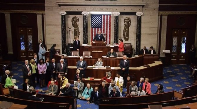 AFP/„Scanpix“ nuotr./Demokratų protestas JAV Atstovų Rūmuose