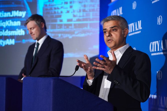AFP/„Scanpix“ nuotr./Populiariausi kandidatai Londono mero rinkimuose S.Khanas ir Z.Goldsmithas.