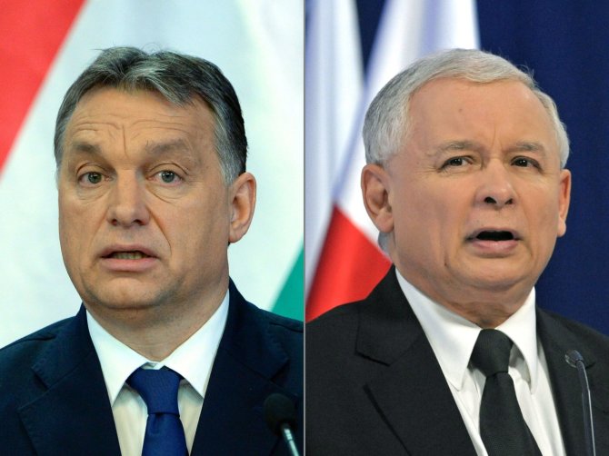 AFP/„Scanpix“ nuotr./Viktoras Orbanas ir Jaroslawas Kaczynskis