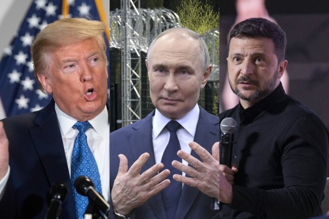 Donaldas Trumpas, Vladimiras Putinas ir Volodymyras Zelenskis / AFP / ZUMAPRESS