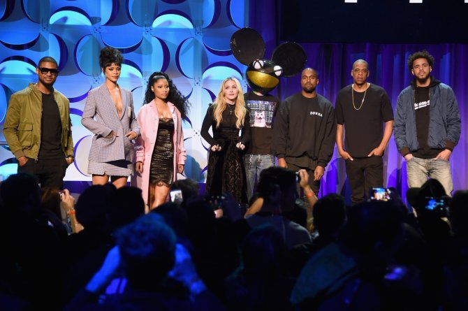 AFP/„Scanpix“ nuotr./Usheris, Rihanna, Nicki Minaj, Madonna, Deadmau5, Kanye Westas, Jay Z ir J. Cole'as „Tidal“ pristatyme
