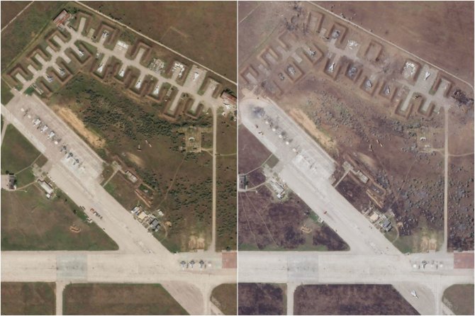 „Scanpix“/AP nuotr./Sakų karinė aviacijos bazė Kryme prieš ir po sprogimo