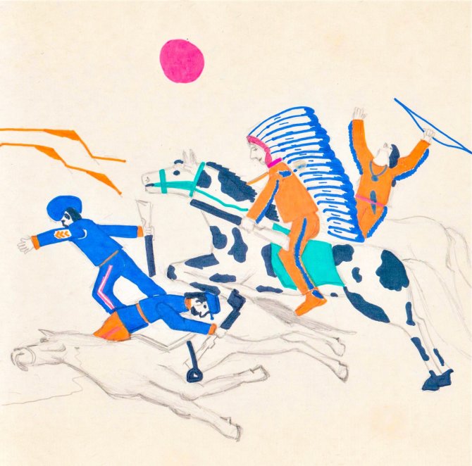 Prerijų indėnų kautynės su „mėlynmunduriais“. Idėjos autorius Zigmas Vitkus. Dailininkas Raimundas Vitkus.