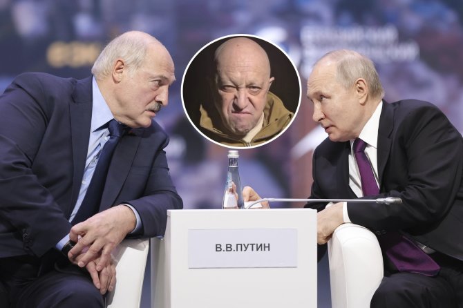 „Scanpix“/AP nuotr./Aliaksandras Lukašenka, Jevgenijus Prigožinas ir Vladimiras Putinas
