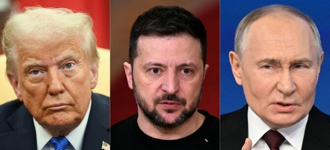 AFP/„Scanpix“ nuotr./Donaldas Trumpas, Volodymyras Zelenskis, Vladimiras Putinas
