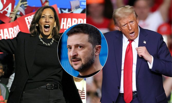 15min fotomontažas/Kamala Harris, Volodymyras Zelenskis ir Donaldas Trumpas