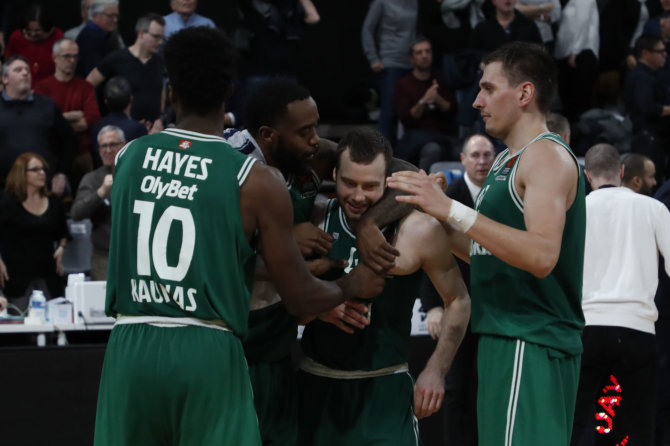 Getty Images/Euroleague.net nuotr./Lukas Lekavičius ir Kauno „Žalgiris“ šventė pergalę prieš ASVEL.