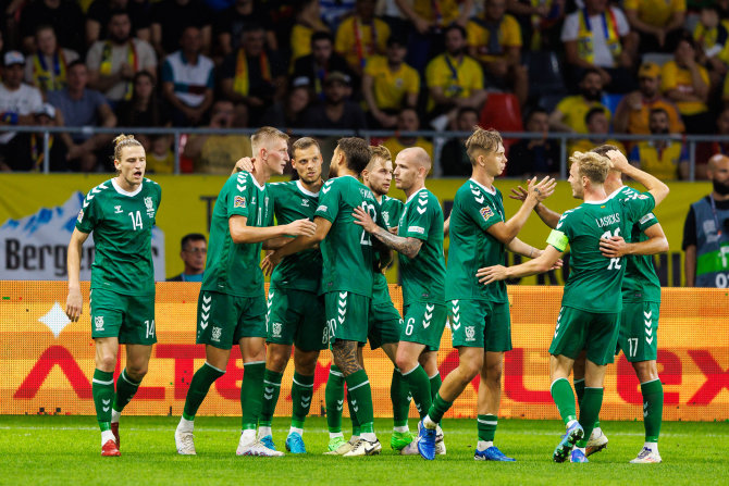 Elvio Žaldario / LFF nuotr./Lietuvos futbolininkų džiaugsmas po įvarčio