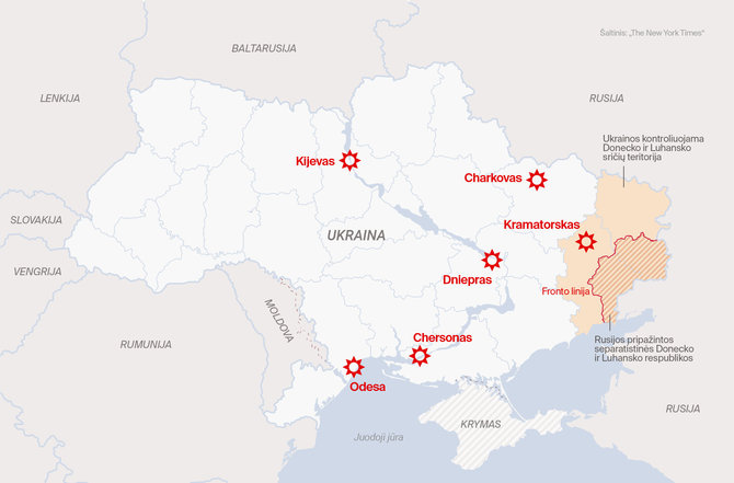 Rusijos karas prieš Ukrainą. Žemėlapis pagal The New York Tiimes informaciją