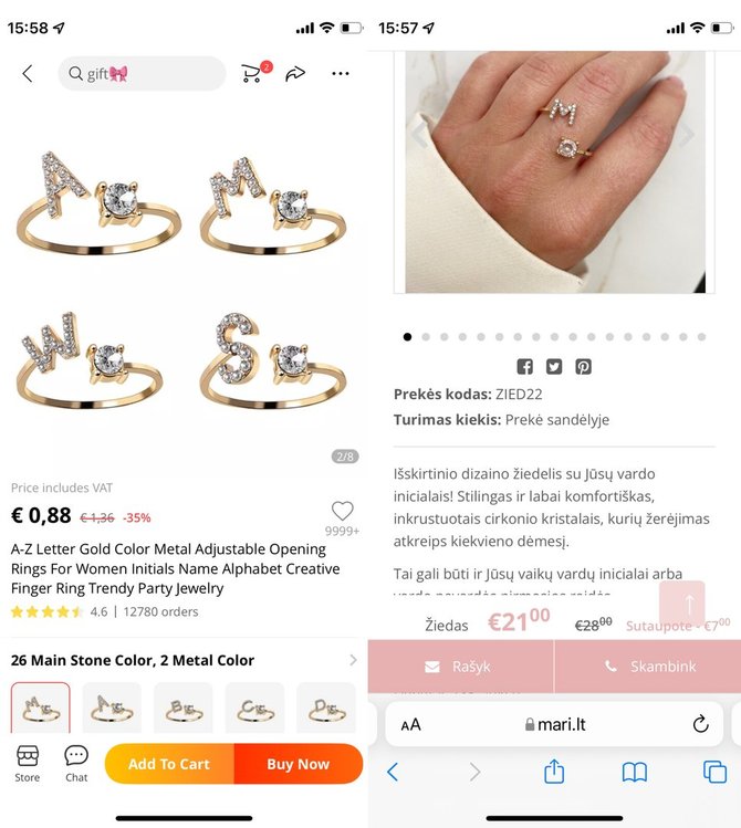 Ekrano nuotr./„Mari Made“ palyginimas su žiedais iš „Aliexpress“