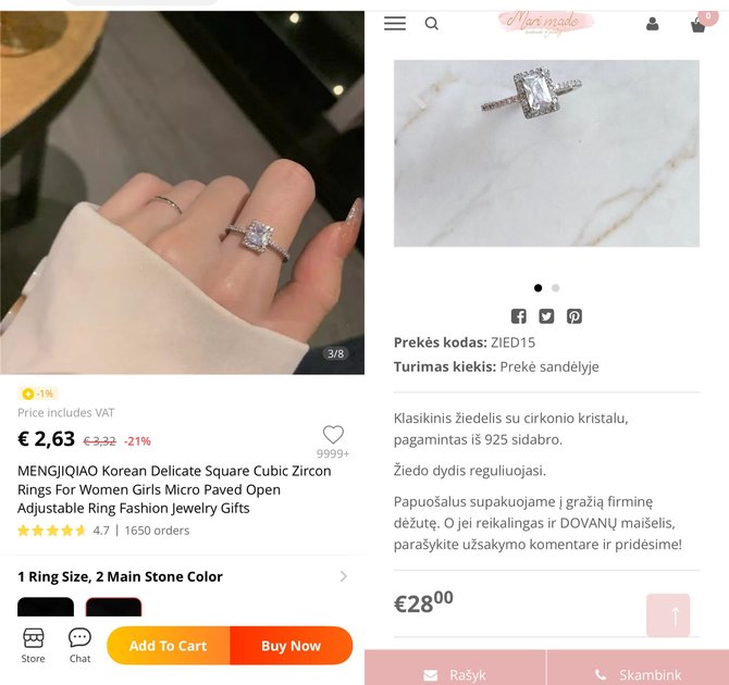 Ekrano nuotr./„Mari Made“ palyginimas su žiedais iš „Aliexpress“