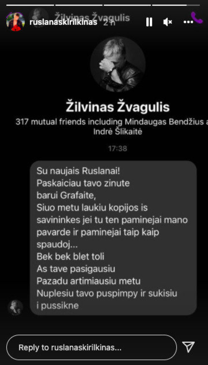 Žilvino Žvagulio siųsta žinutė Ruslanui Kirilkinui