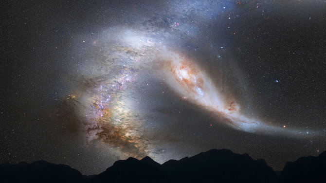 „Reuters“/„Scanpix“ nuotr./NASA suprojektuotas naktinio dangaus vaizdas prieš pat prognozuojamą Paukščių Tako galaktikos ir Andromedos galaktikos susijungimą.
