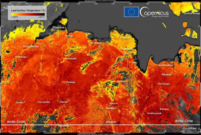 Europos Sąjunga, „Copernicus Sentinel-3“ duomenys/Rekordiška karščio banga Arkties regione, Sibire