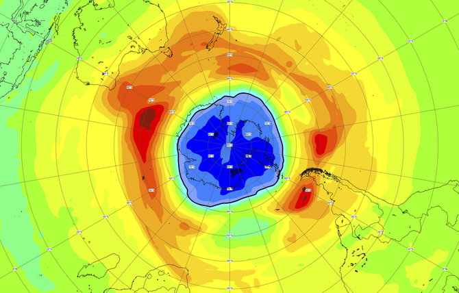 Europos Kosmoso Agentūra/Žemėlapyje matyti šių metų ozono skylės dydis virš Pietų ašigalio. Nuotrauka daryta 2021 m. rugsėjo 16 d