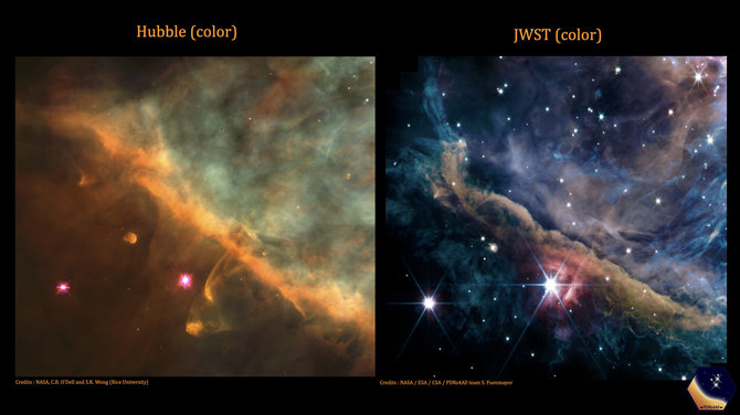 NASA, ESA, CSA/Oriono ūkas: JWST ir Hubble'o kosminiu teleskopu darytų nuotraukų palyginimai
