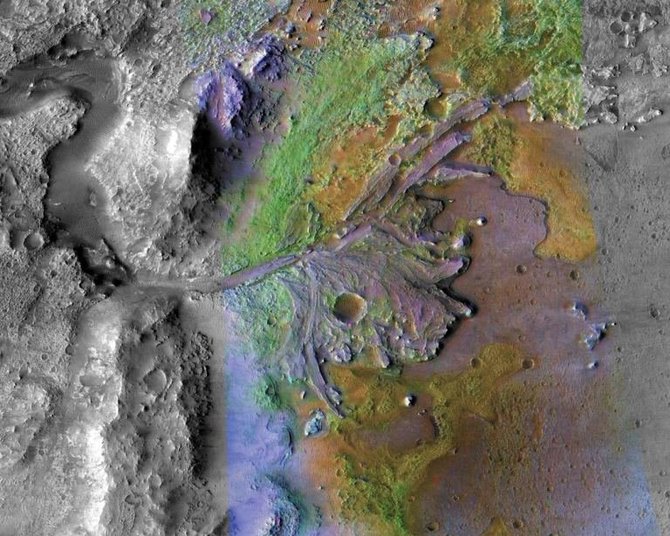 NASA/JPL-Caltech/ASU/Jezero kraterio delta, kurios nuosėdose yra molio, karbonatų ir organinės medžiagos