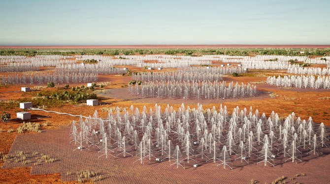 AFP/„Scanpix“ nuotr./2022 m. gruodžio 5 d. Australijos pramonės, mokslo ir išteklių departamento išplatintame lankstinuke pavaizduotos žemo dažnio stotys, sudarančios Vakarų Australijoje statomą radijo teleskopą „Square Kilometre Array“ (SKA). 
