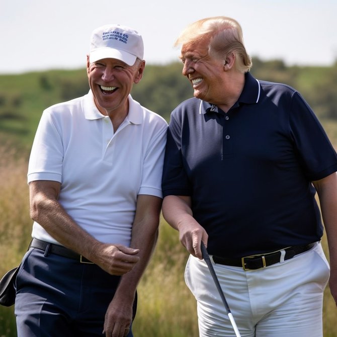 „Twitter“/Ekrano nuotr./D.Trumpas ir J.Bidenas alternatyvioje realybėje – DI sugeneruotame vaizde žaidžia golfą