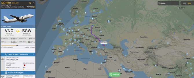 Flightradar nuotr./Iš Vilniaus į Iraką migrantus skraidinantis lėktuvas