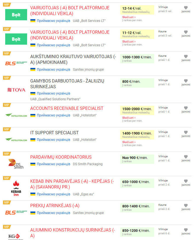 Ukrainiečiams siūlomi darbai „CV Bankas“ portale / 15min nuotr. 