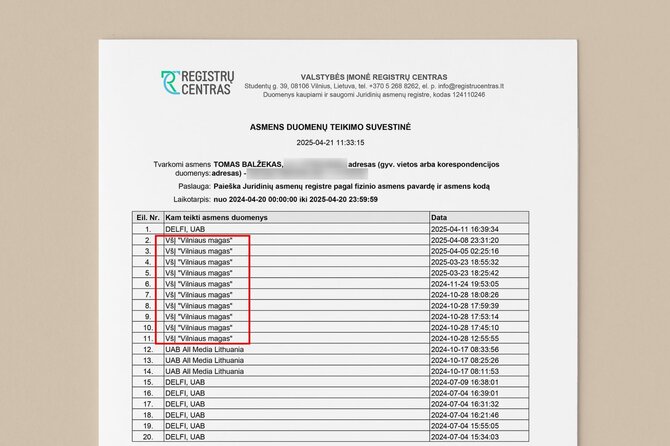 Registrų centro išrašas, kas ieškojo informacijos apie T.Balžeką
