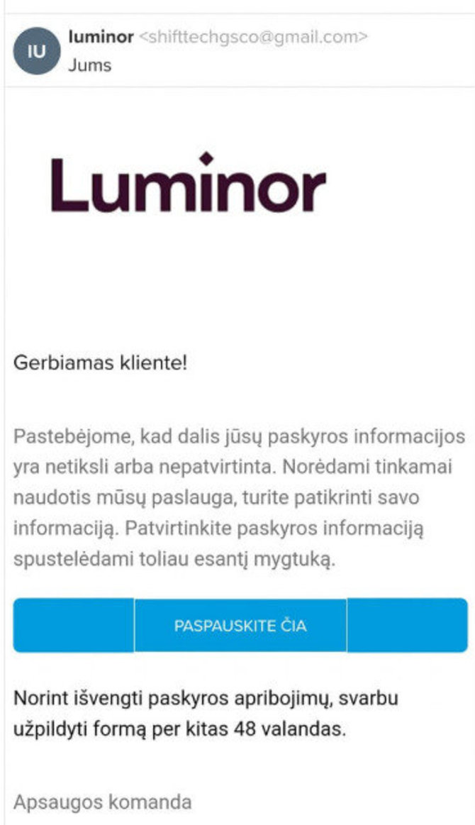 Luminor nuotr./fake email