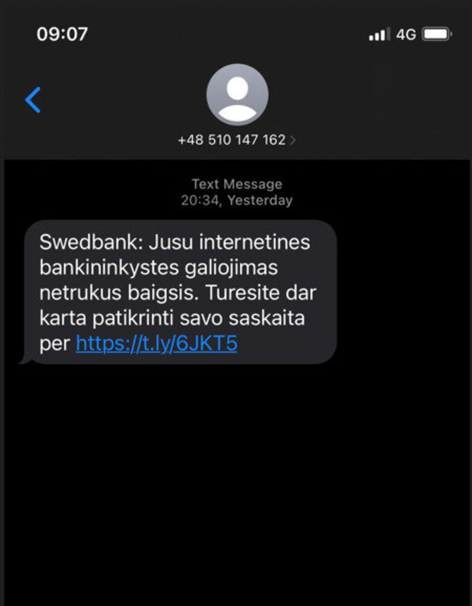 „Swedbank“ nuotr./Sukčių SMS žinutė