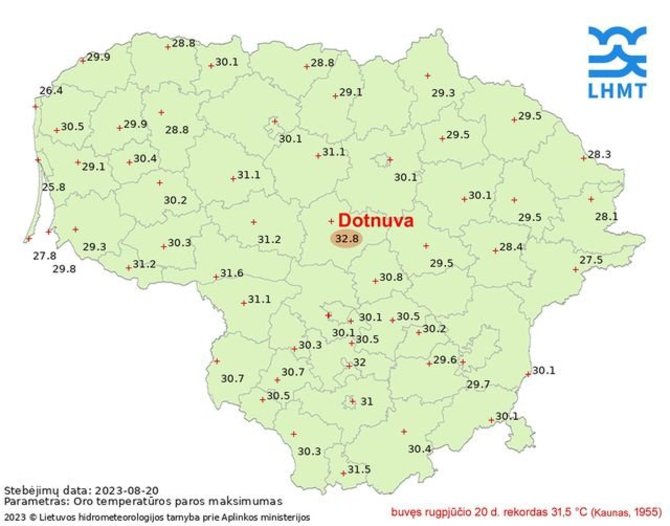 LHMT nuotr./Aukščiausia rugpjūčio 20-osios oro temperatūra meteorologijos stotyse (