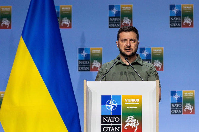 Pauliaus Peleckio / BNS nuotr./Volodymyro Zelenskio spaudos konferencija NATO viršūnių susitikime Vilniuje