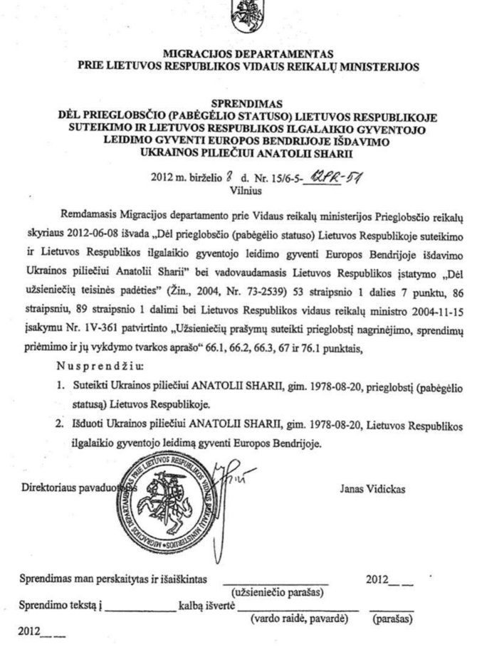 15min šaltinių dokumentas/Migracijos departamento sprendimas suteikti prieglobstį A.Šarijui