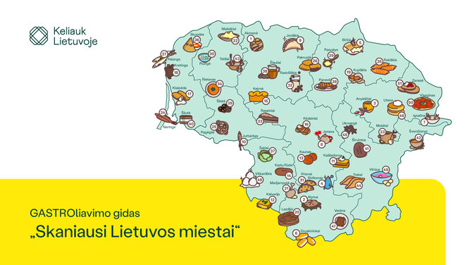 „Keliauk Lietuvoje“ iliustracija / Pristatytas žemėlapis „Skaniausi Lietuvos miestai“
