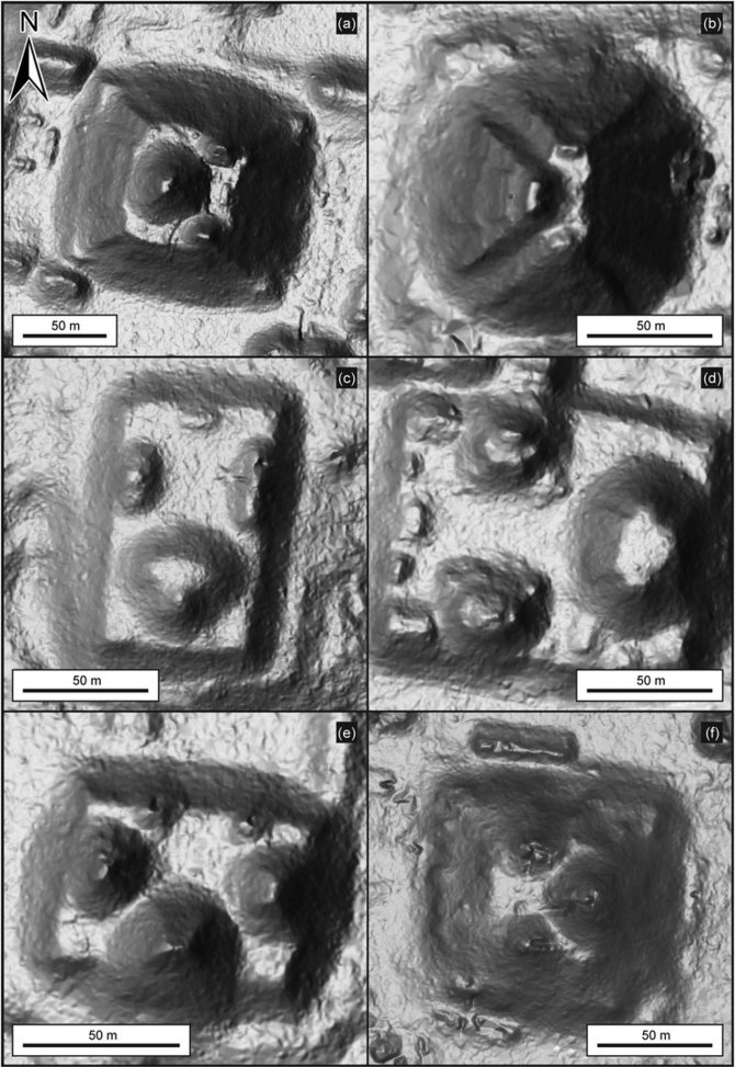 „Ancient Mesoamerica“ (2022). DOI: 10.1017/S0956536122000244 nuotr. / Pasirinktų triadinių paminklinių statinių LiDAR vaizdai MCKB