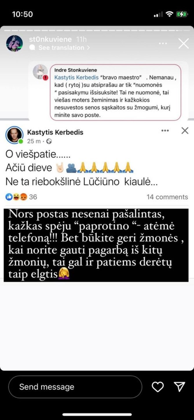 „Instagram“ nuotr./Kastyčio Kerbedžio žinutė