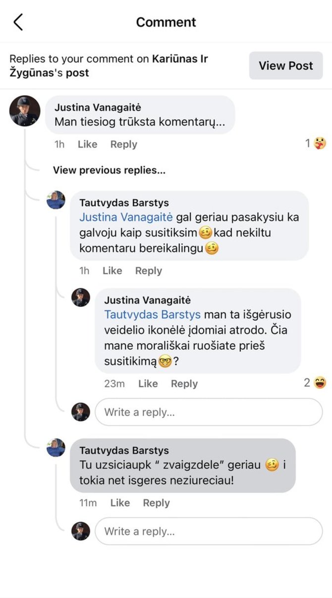 Justinos Vanagaitės paviešintas susirašinėjimas su Tautvydu Barščiu