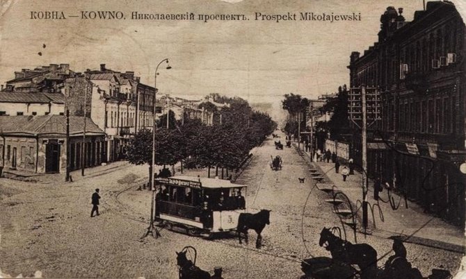 Lietuvos centrinio archyvo nuotrauka, 1905 m. V.Mikniaus fotoreprodukcija/Arklių tramvajus Kaune