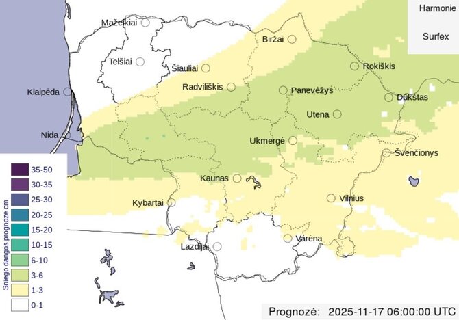 meteo.lt nuotr./Prognozuojamas sniego dangos storis pirmadienio naktį