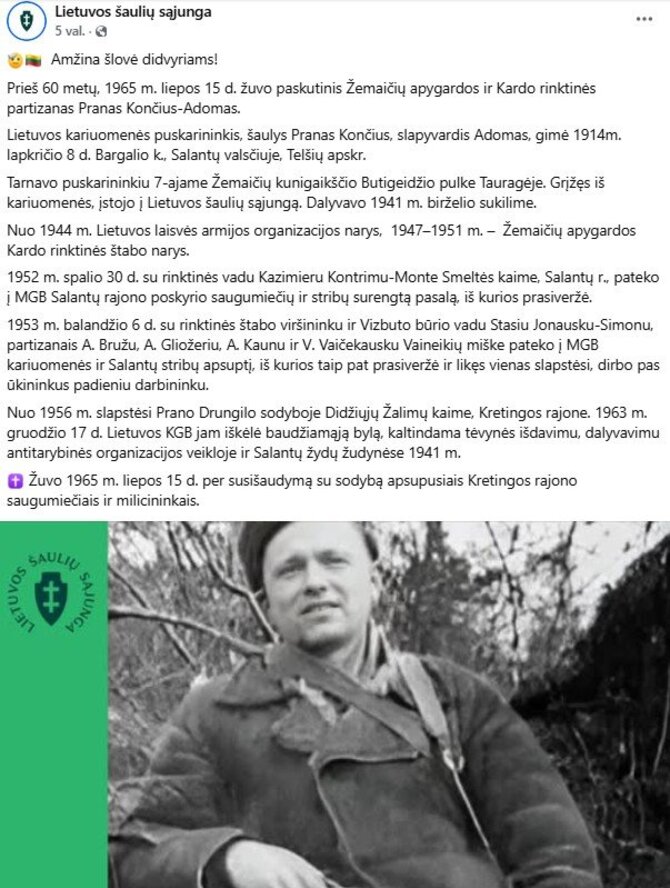 Lietuvos šaulių sąjungos įrašas apie P.Končių-Adomą
