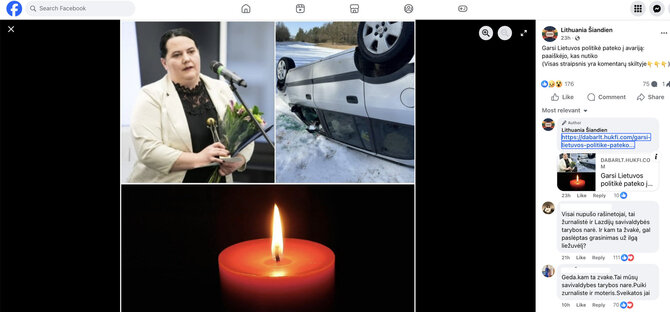 Ekrano nuotr. /Socialiniuose tinkluose platinama žinutė apie V.Danauskienės avariją