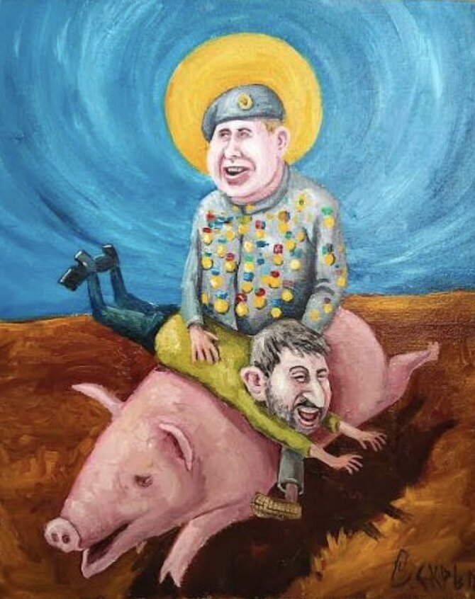 Ekrano nuotr. /S.Skrepeckio pavekslas: Ramzanas Kadyrovas ir jo sūnus Adamas raiti ant kiaulės