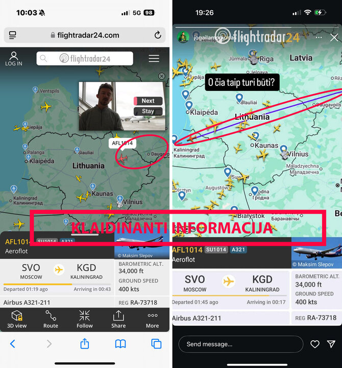 Ekrano nuotr. /Viešojoje erdvėje pasirodė tvirtinimų, kad buvo pažeista Lietuvos oro erdvė