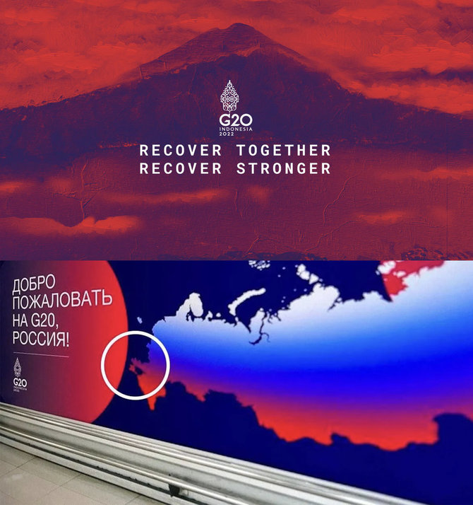 Foto de Facebook/eslogan y afiche oficial del G20 (arriba) y falso distribuido en Rusia (abajo)