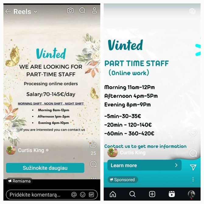 Ekrano nuotr. /„Vinted“ kompanija apsimetusių sukčių darbo skelbimas
