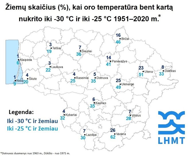 Lietuvos hidrometeorologijos tarnybos nuotr./Žiemų skaičius, kai oro temperatūra bent kartą nukrito iki -30 °C ir iki -25 °C