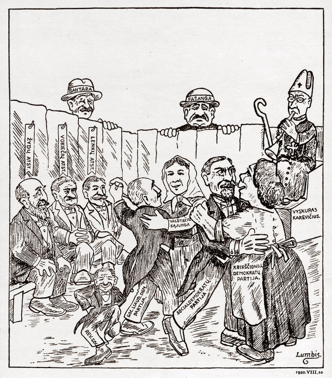 Lumbio 1920 VIII 10 karikatūra/Informacinė kova: kairuolių pasityčiojimas iš Steigiamojo Seimo, kurio veiklai pritaria dūdele vyskupas P.Karevičius